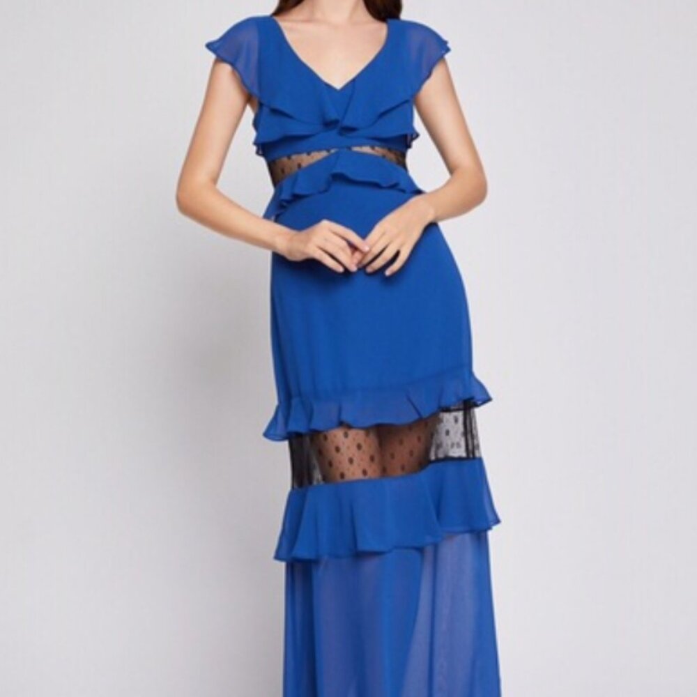 BCBG Generation Blue Chiffon Lace Long Dress Size 2 NWT